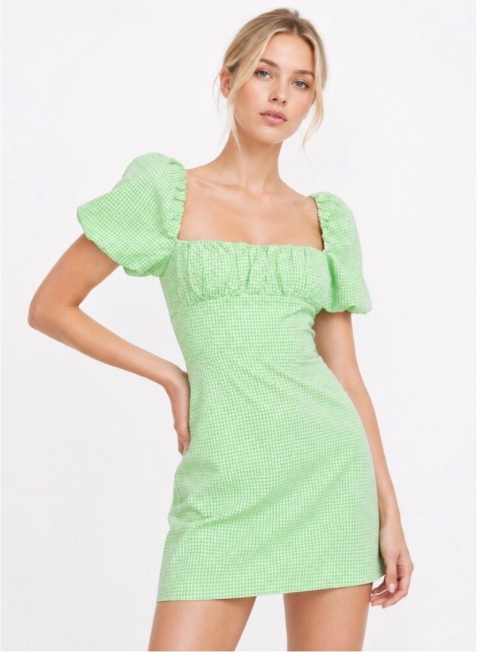 Zara Textured Gingham Puff Sleeve Mini Dress